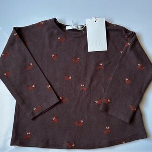 Zara Kids Chocolate Fox Pattern Long Sleeve Tee